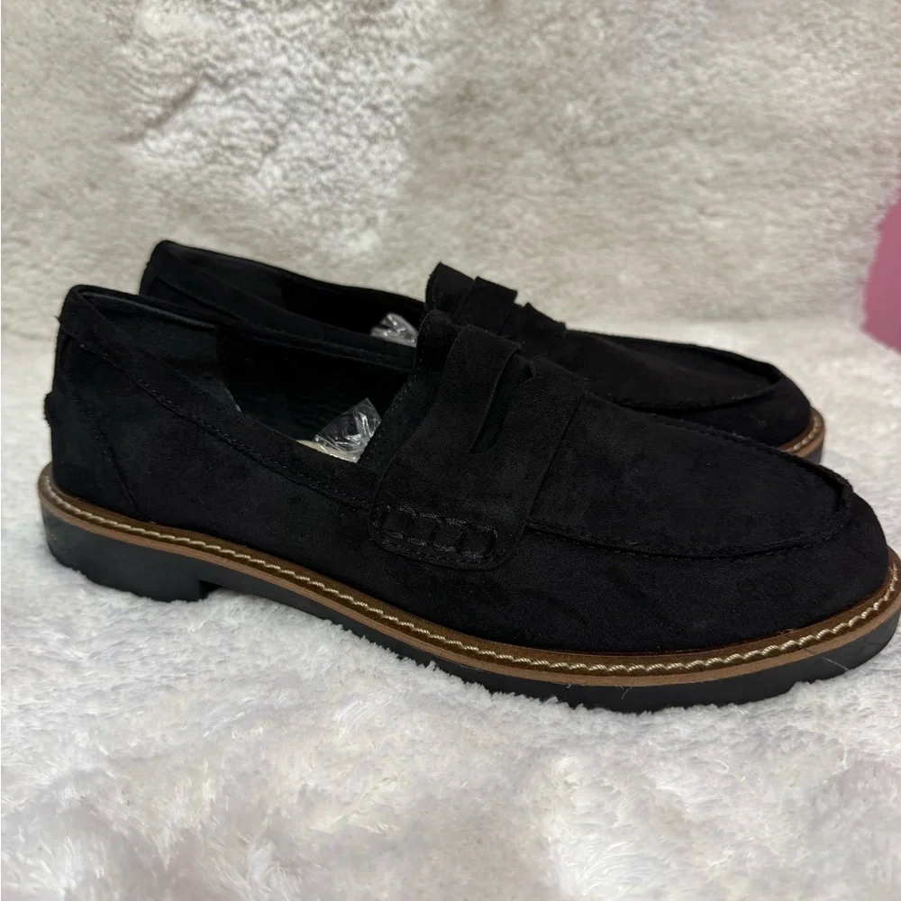 Anne Klein Everly Black Fabric Lugged Sole Loafers Women's Size 8.5M